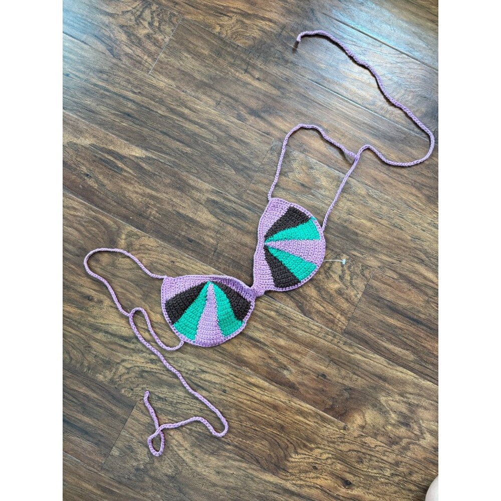 Crochet Bikini shirt Top With Tri-Color Design Purple Green & Brown Zara Sz Sm